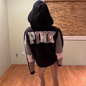 Victoria's Secret Pink Sequin Bling Hoodie Black White Gray Silver Size L